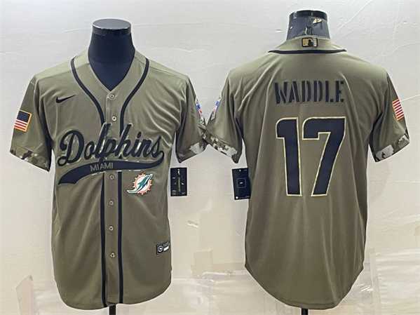 Men%27s Miami Dolphins #17 Jaylen Waddle Olive 2022 Salute To Service Cool Base Stitched Baseball Jersey